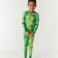Child wearing a Fairway Fun two-piece pajama set