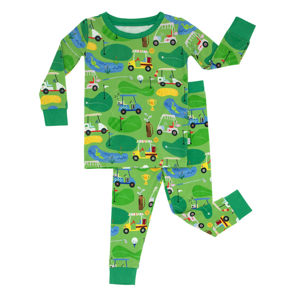 Flat lay image of a Fairway Fun two-piece pajama set