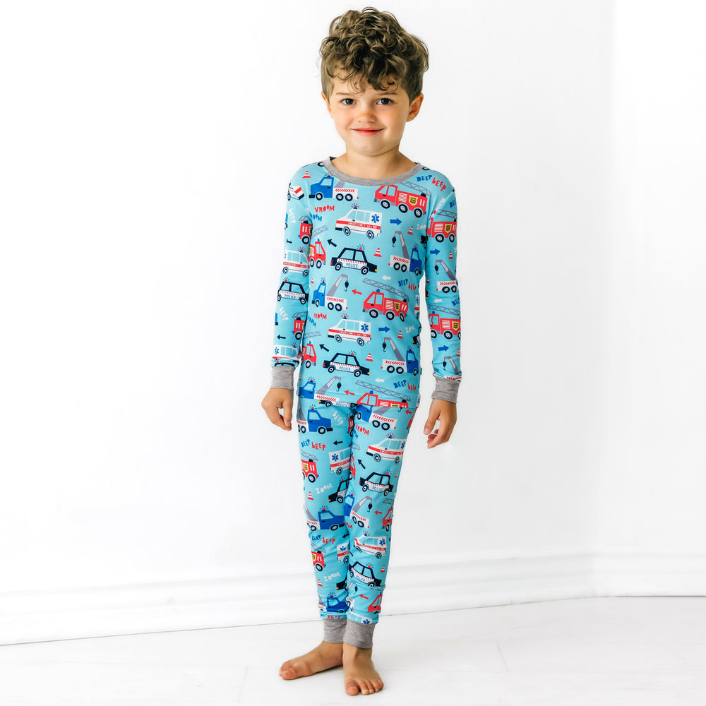Child wearing a To The Rescue two piece pajama set