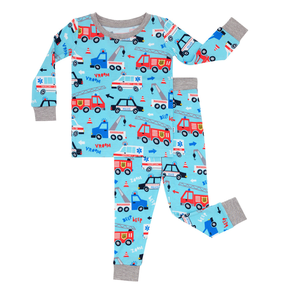 Flat lay image of a To The Rescue two piece pajama set