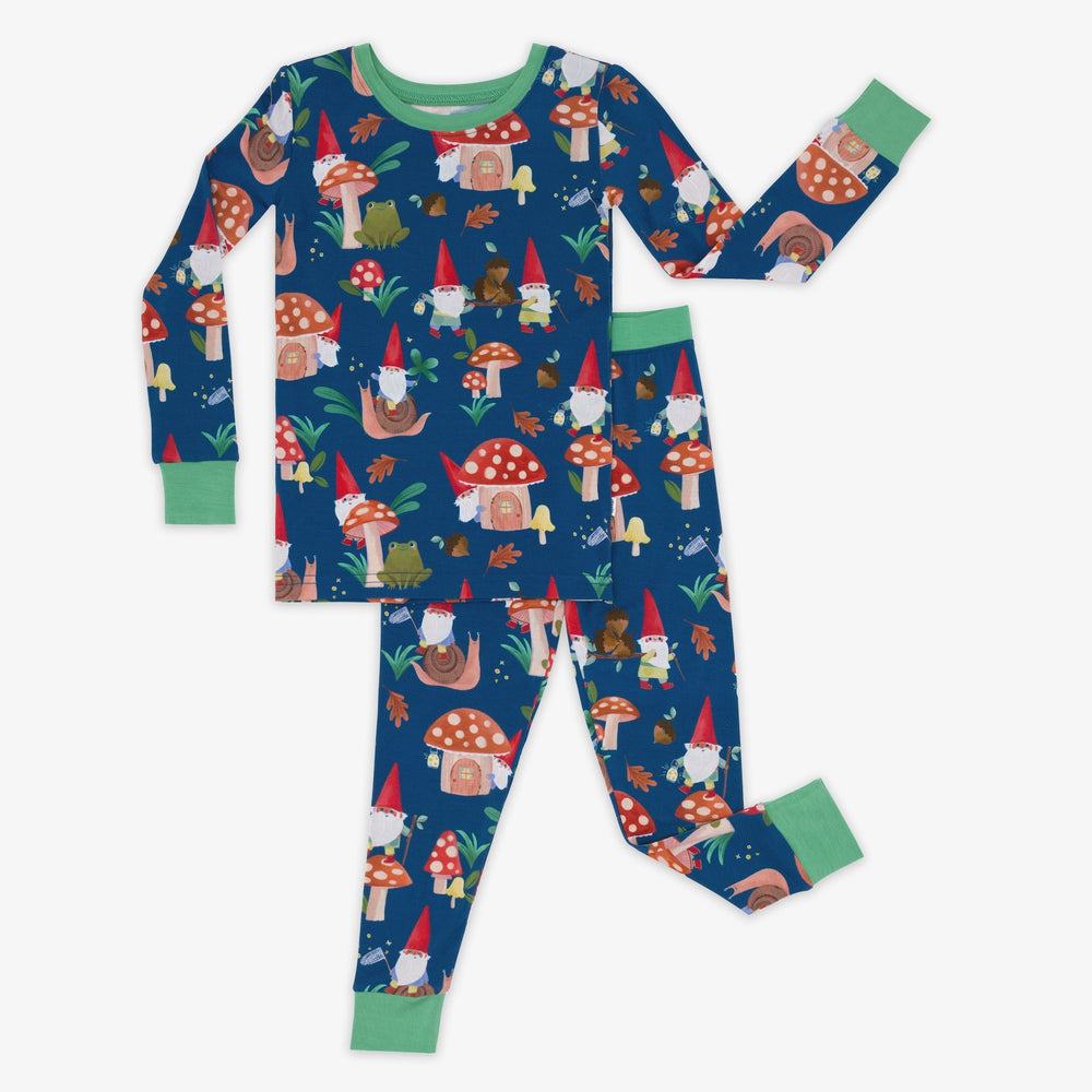 Flat lay image of the Forest Gnomes Two-Piece Pajama Set