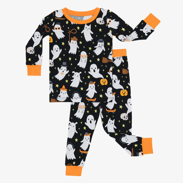 Flat lay image of the Friendly Ghosts Two-Piece Pajama Set