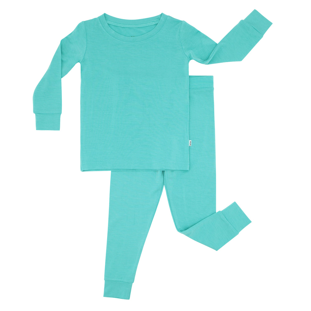 Flat lay image of Glacier Turquoise two piece pajama set