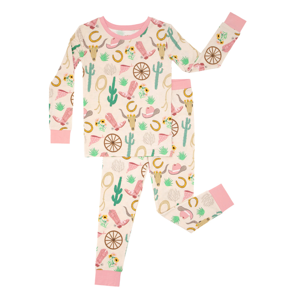 Flat lay image of a Pink Ready to Rodeo two piece pajama set