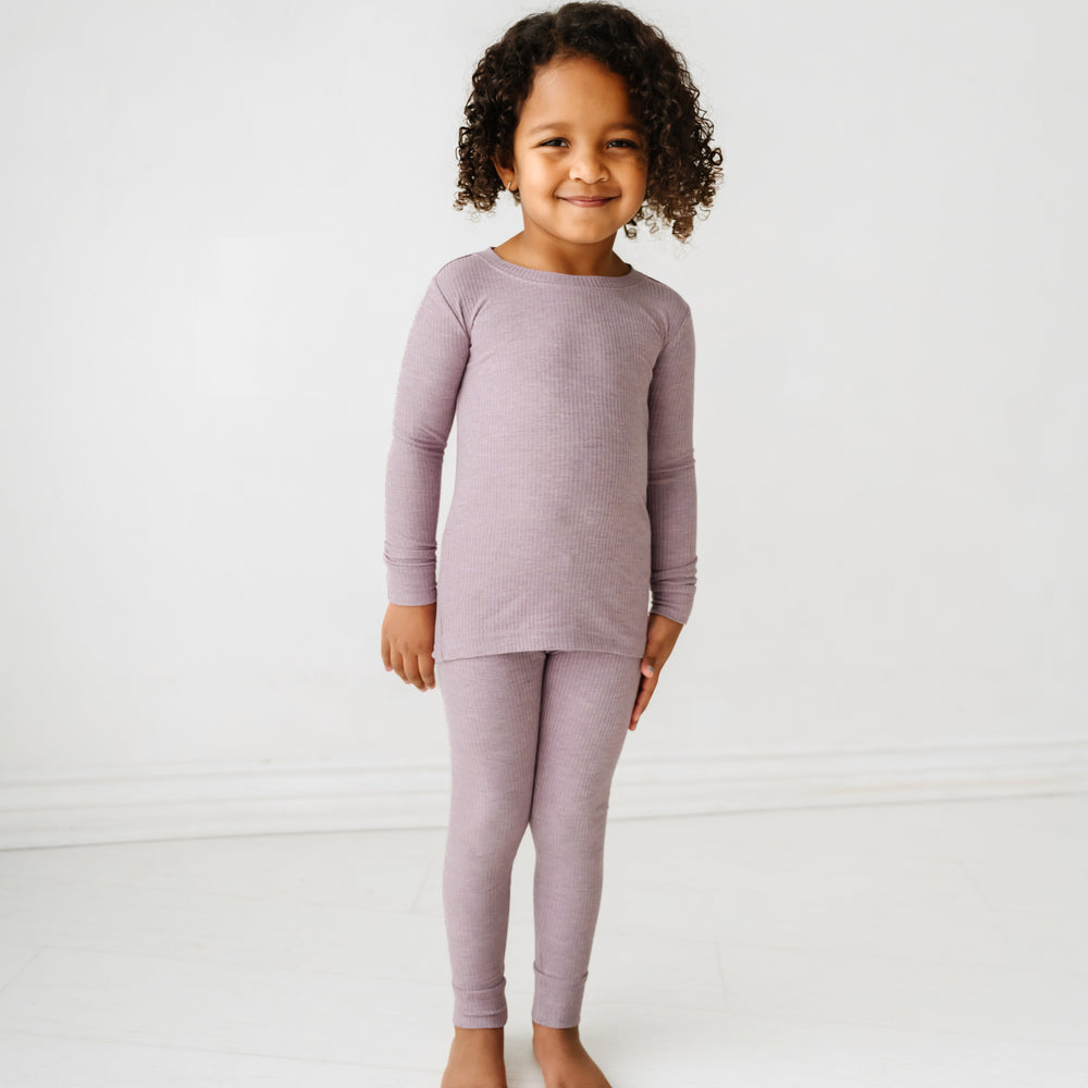Child wearing Heather Smokey Lavender Ribbed two piece pajama set