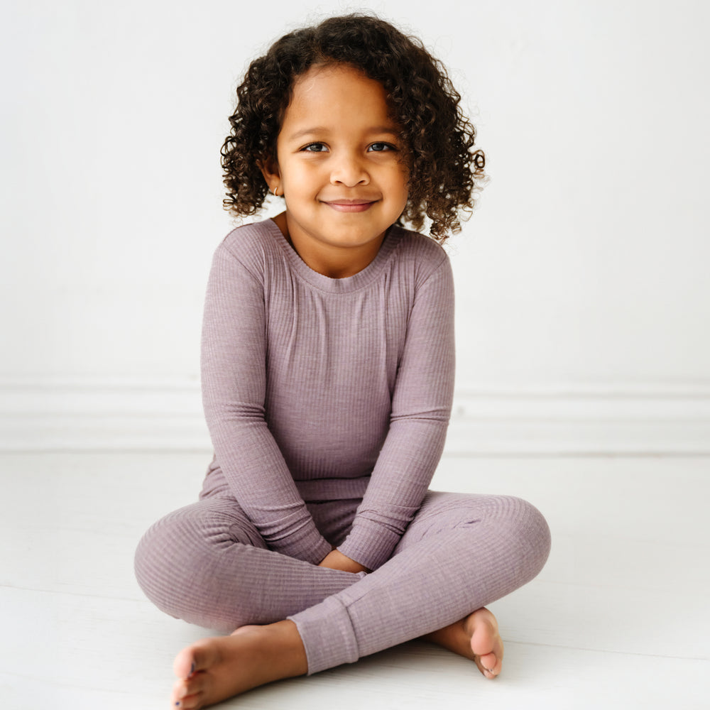 Alternate image of a child sitting wearing Heather Smokey Lavender Ribbed two piece pajama set