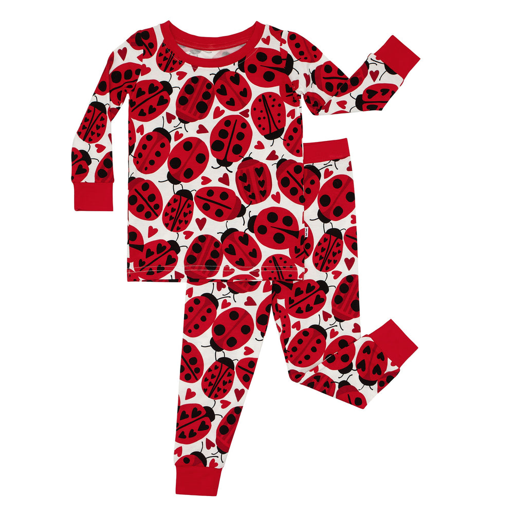 Click to see full screen - Flat lay image of Love Bug printed two-piece pajama set