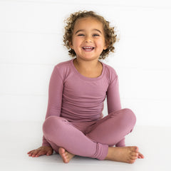 Child wearing Cozy Dusty Plum two piece pj set