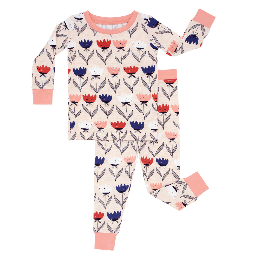 Flat lay image of a Flower Friends two-piece pajama set