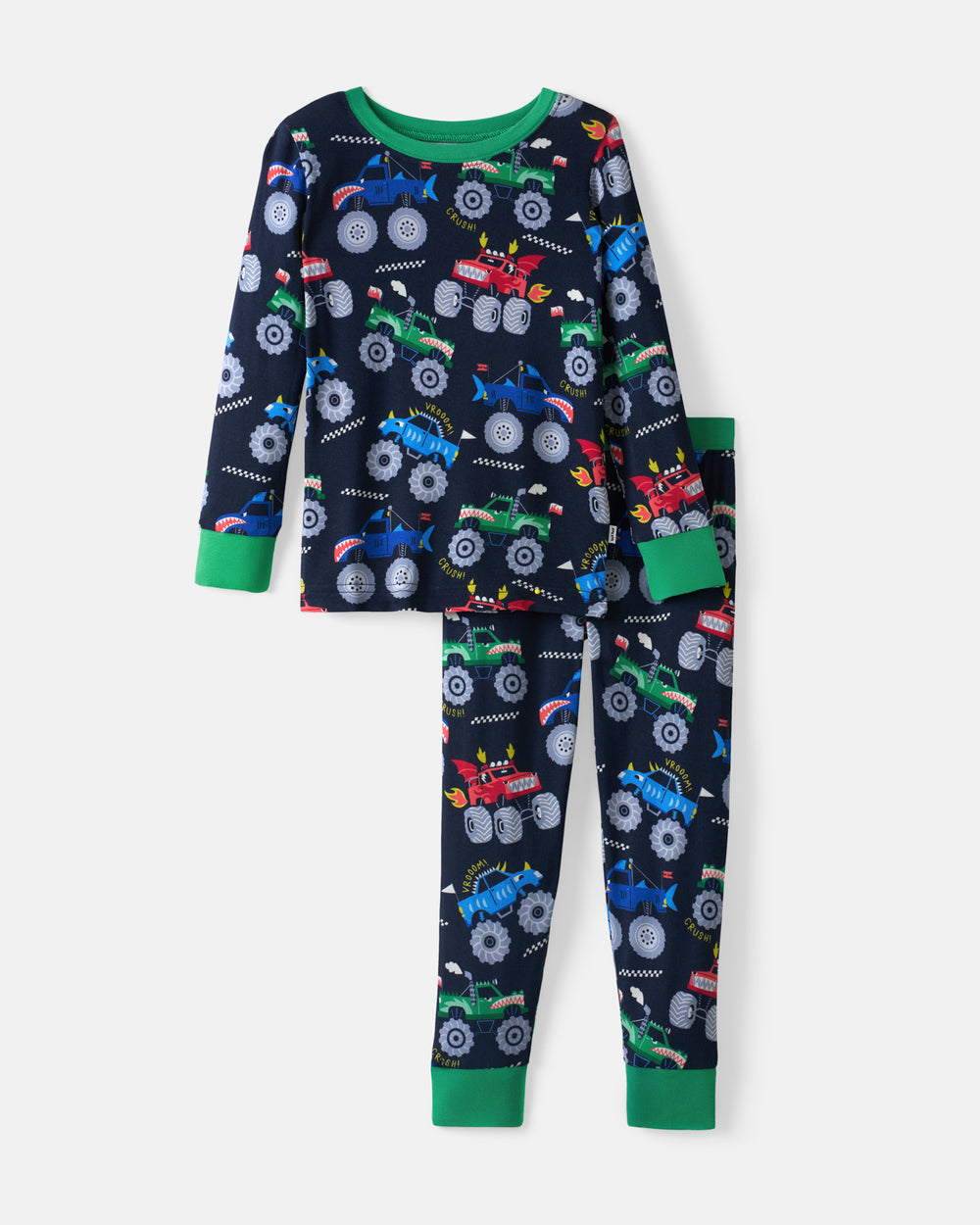 Flat lay of the Monster Truck Madness Two-Piece Pajama Set