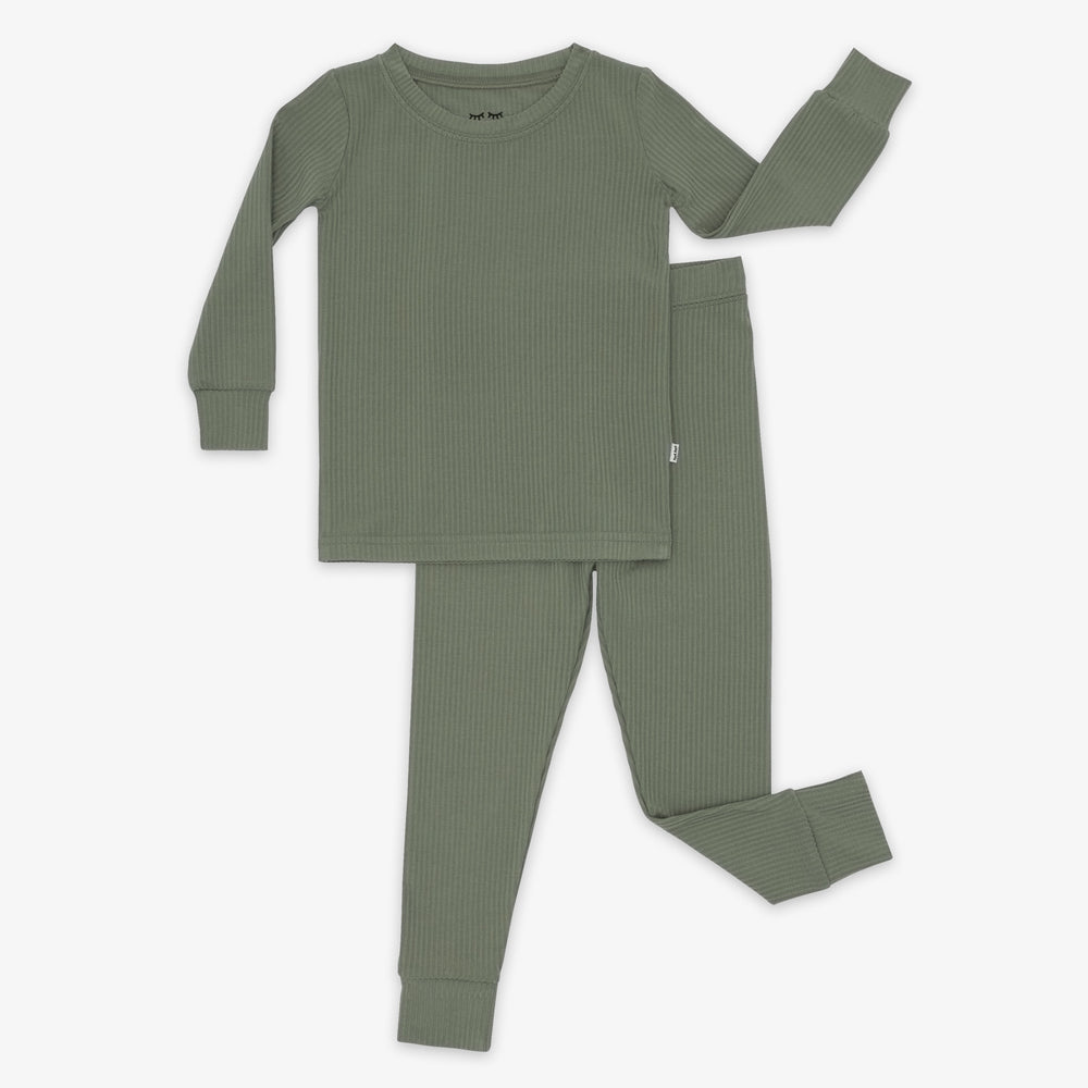 Flat lay image of the Moss Ribbed Two-Piece Pajama Set