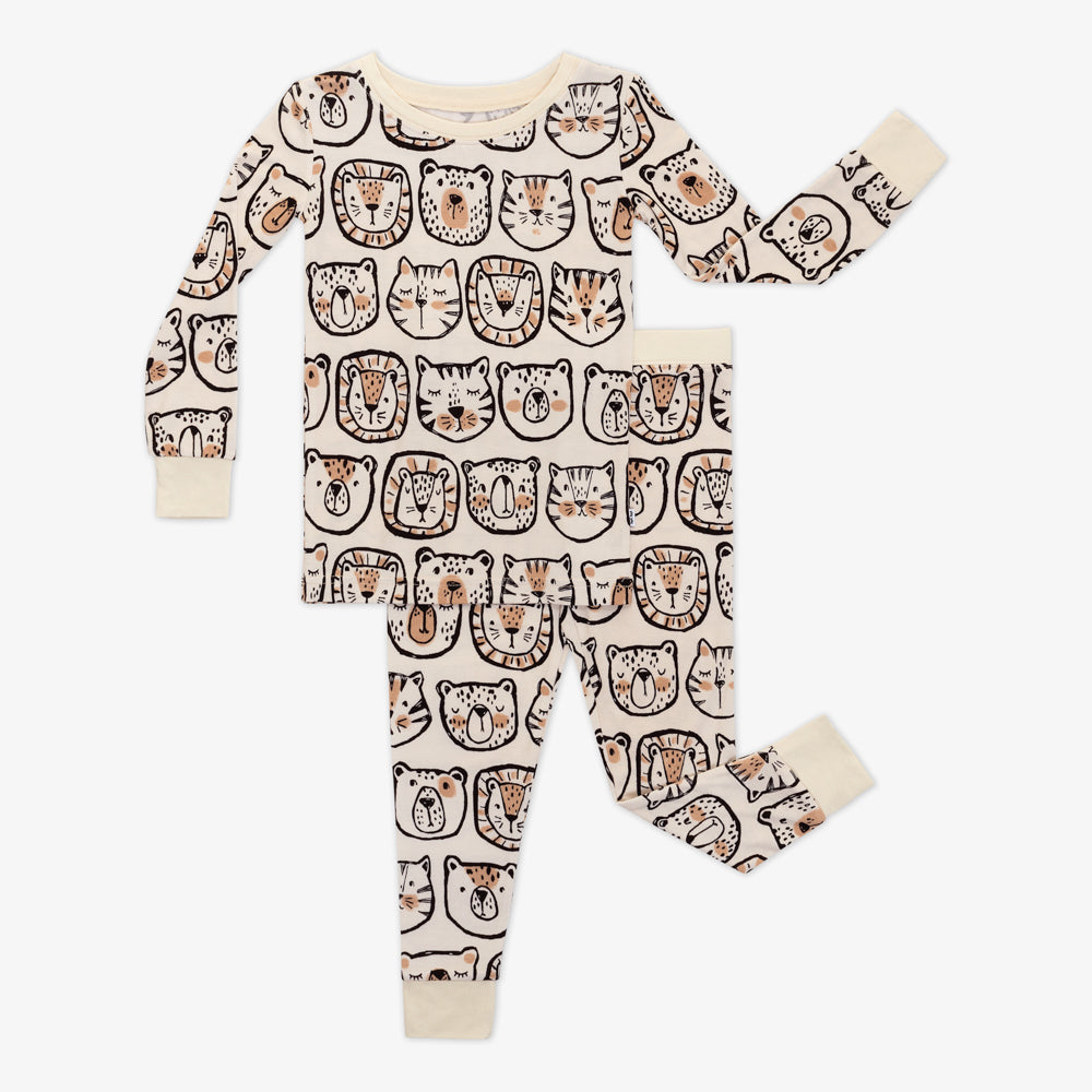 Flat lay image of a Lions, Tigers, and Bears two piece pj set