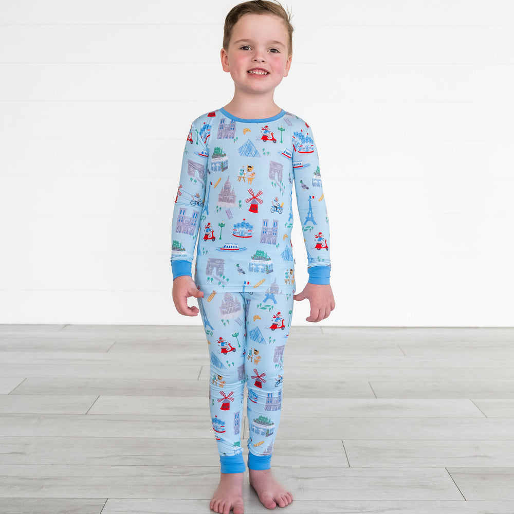Boy wearing the Blue Weekend in Paris Two-Piece Pajama Set