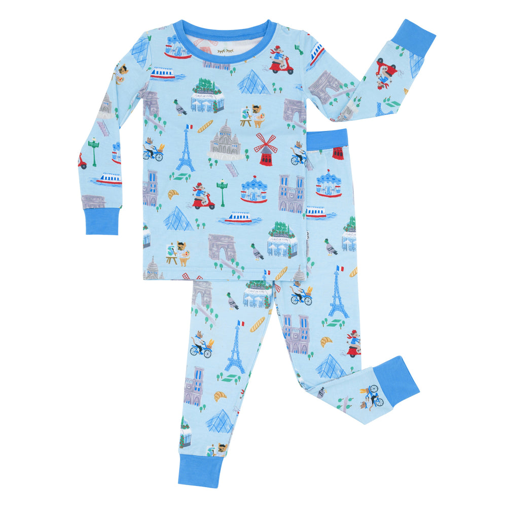 Flat lay image of the Blue Weekend in Paris Two-Piece Pajama Set