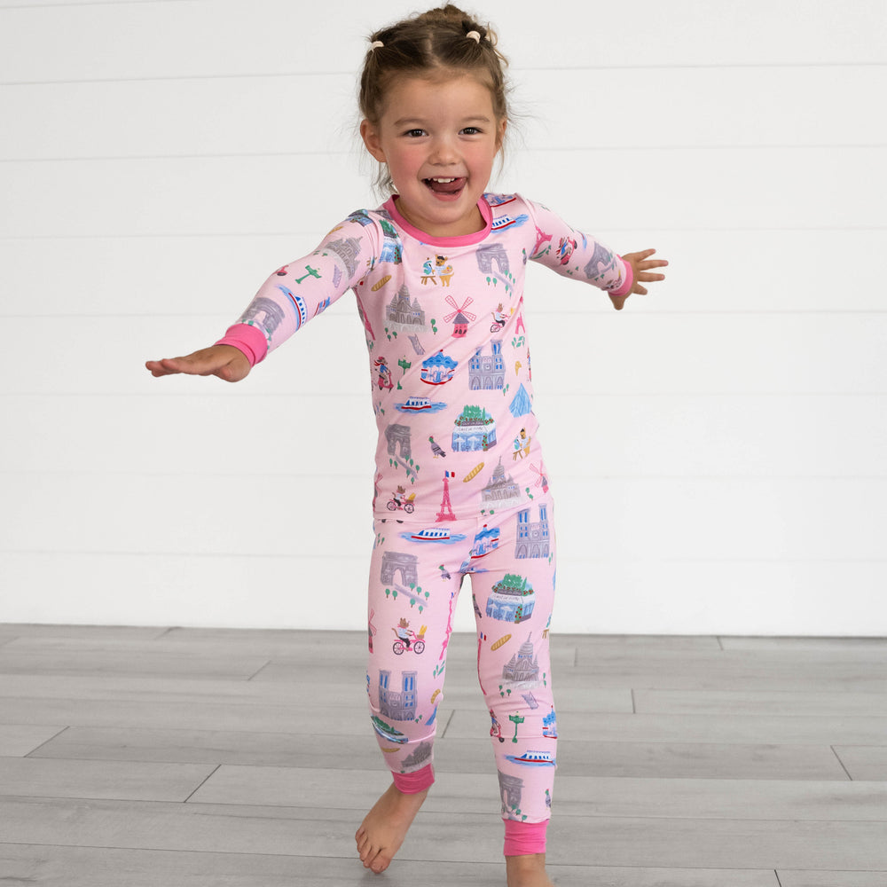 Girl posing in the Pink Weekend in Paris Two-Piece Pajama Set