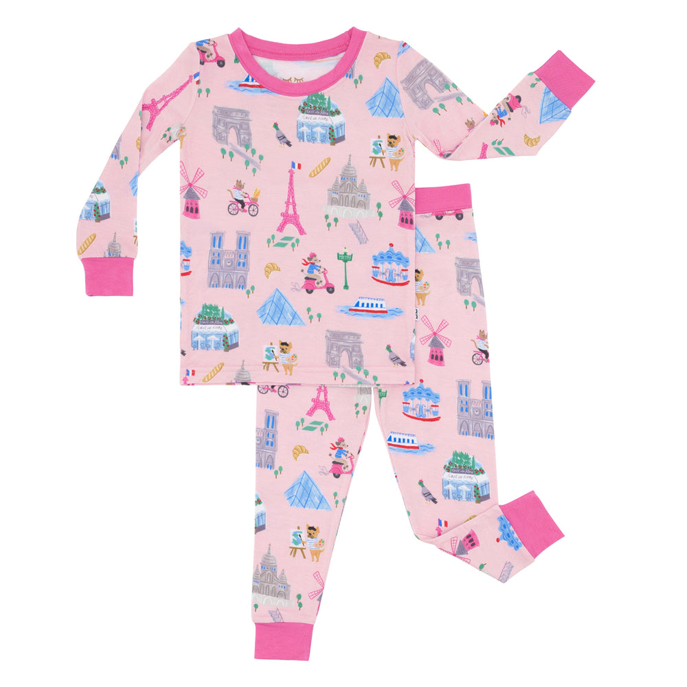 Flat lay image of the Pink Weekend in Paris Two-Piece Pajama Set