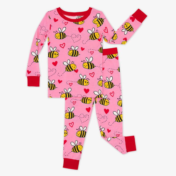 Flat lay image of a Pink Bee Mine two piece pj set