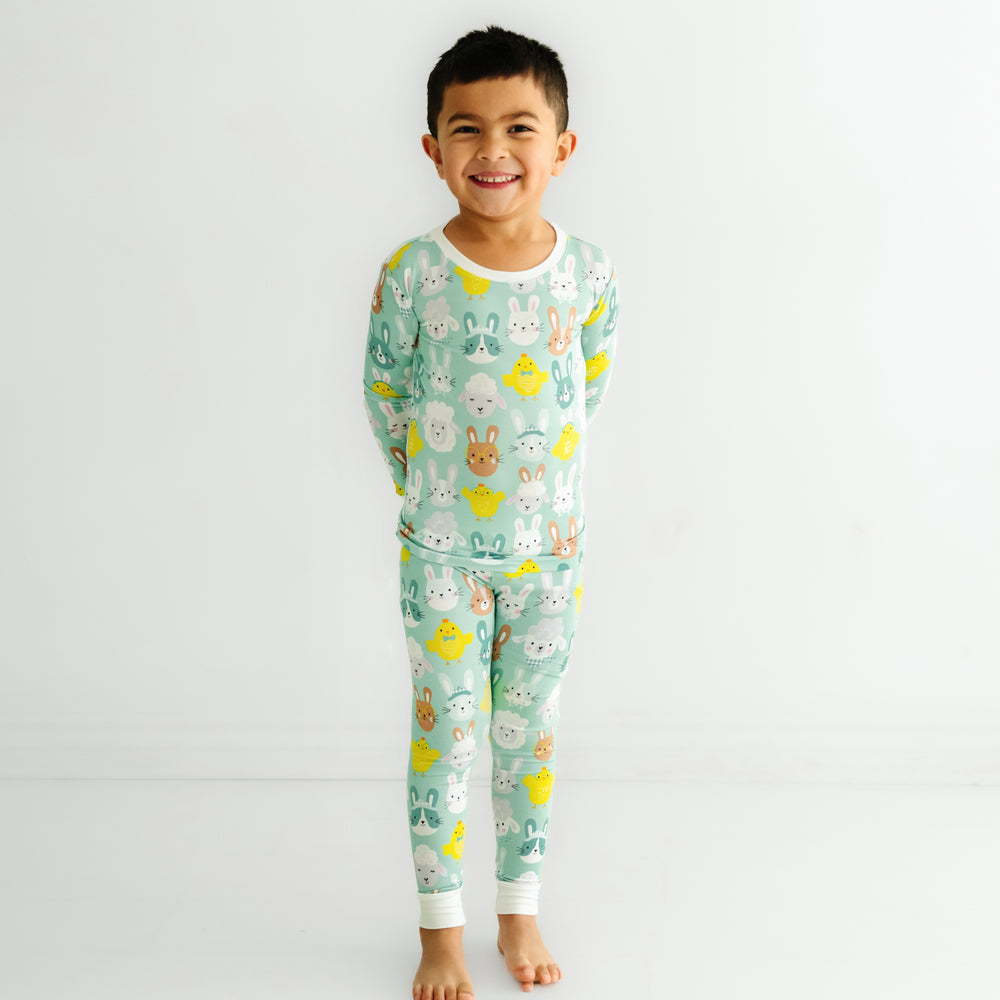 Click to see full screen - Child wearing a Aqua Pastel Parade two piece pajama set