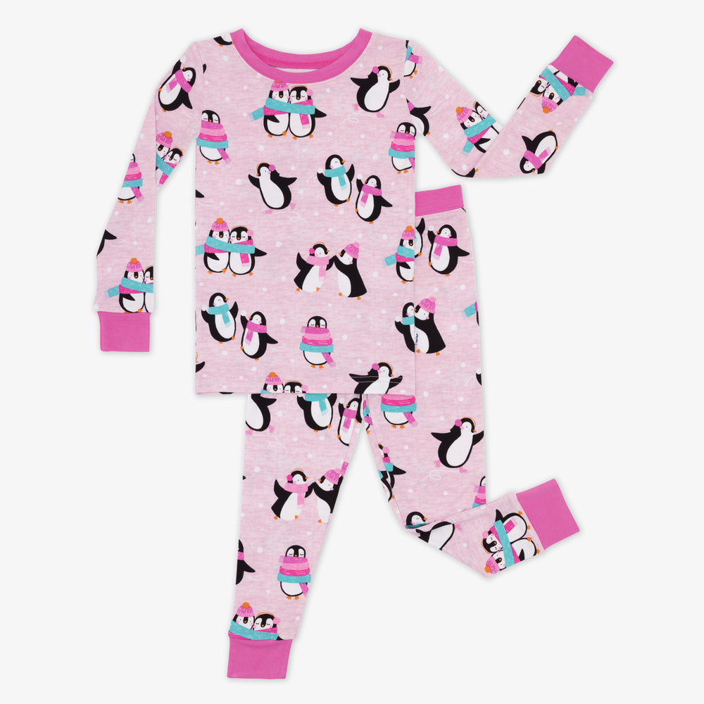 flat lay image of a pink Penguin Party two piece pajama set