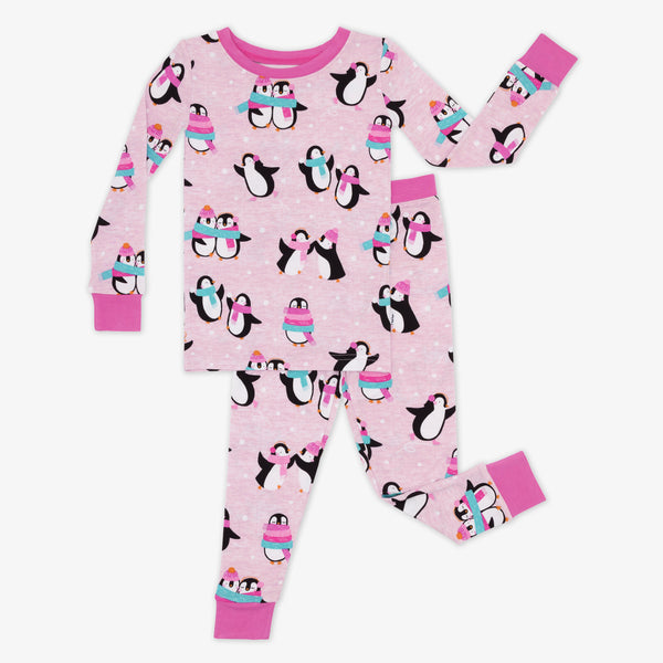 flat lay image of a pink Penguin Party two piece pajama set