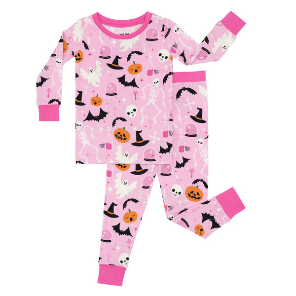 Flat lay image of the Pink Glowing Ghouls Two-Piece Pajama Set