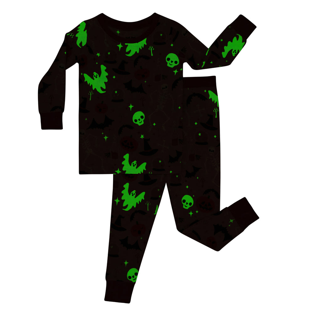 Flat lay image of the glow in the dark effect for the tPink Glowing Ghouls Two-Piece Pajama Set