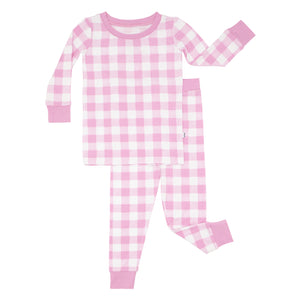 Flat lay image of a Pink Gingham two piece pajama set