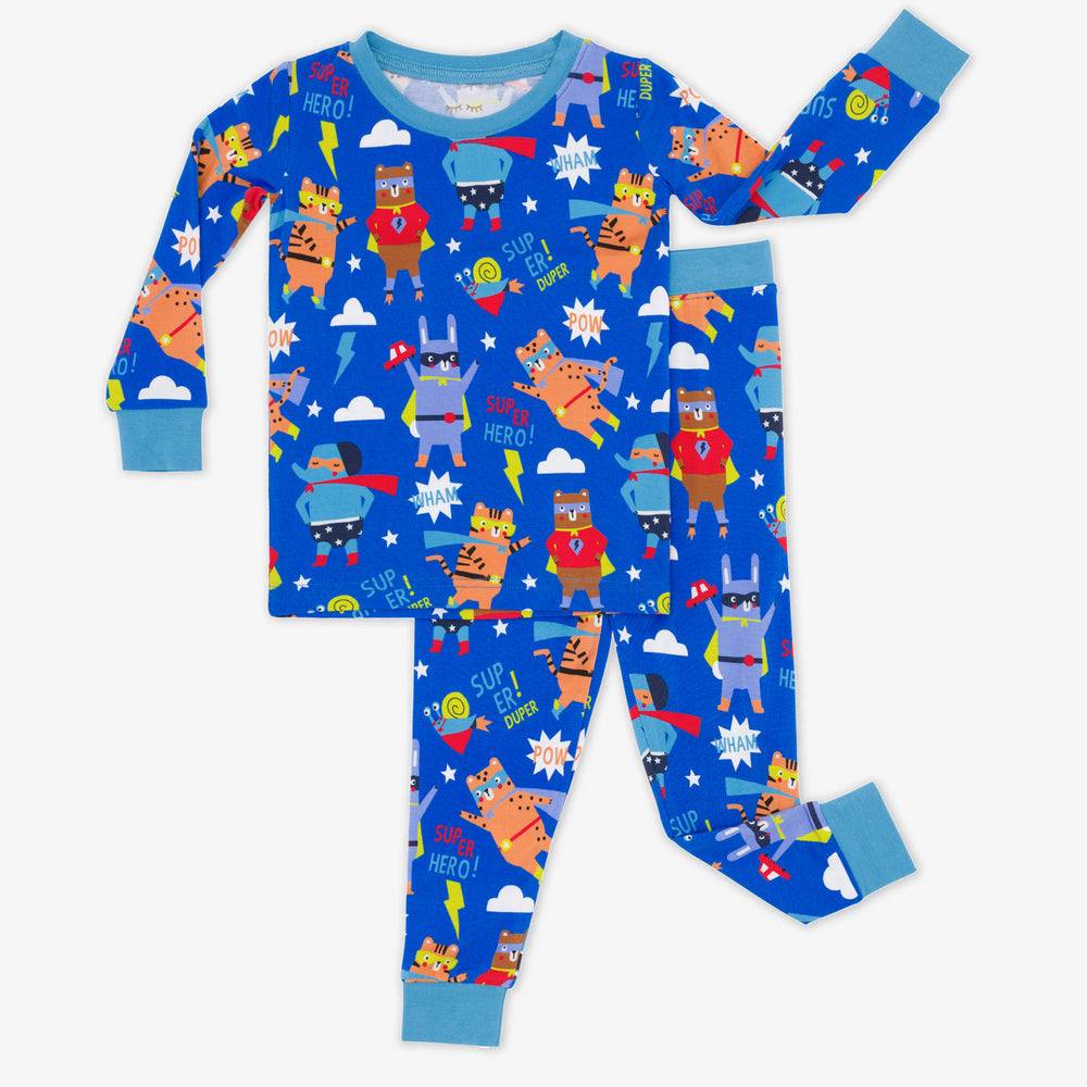 Flat lay of Sleepy Heroes two-piece bamboo pajama set