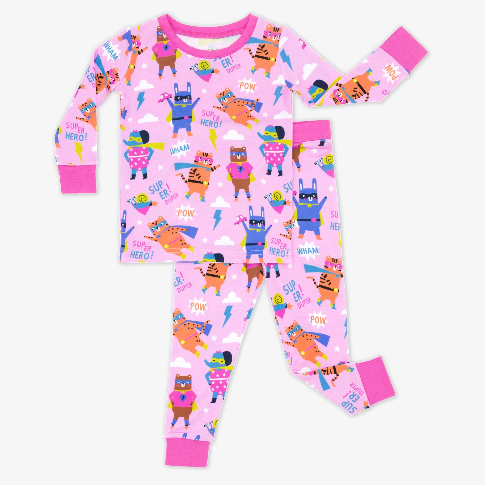 Flat lay of the pink sleepy heroes two piece long sleeve bamboo pajama set