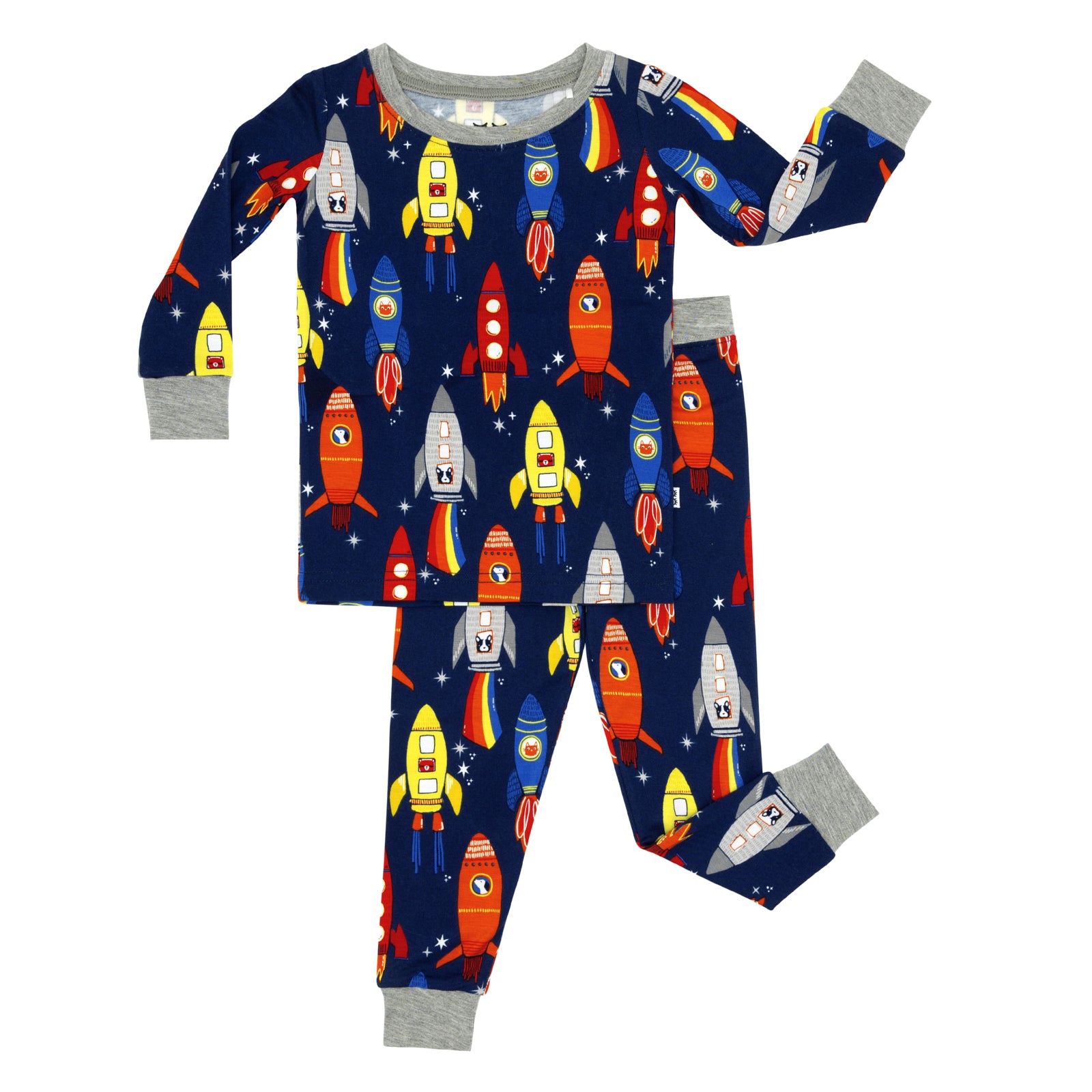 Flat lay image of Navy Space Explorer two piece pajama set