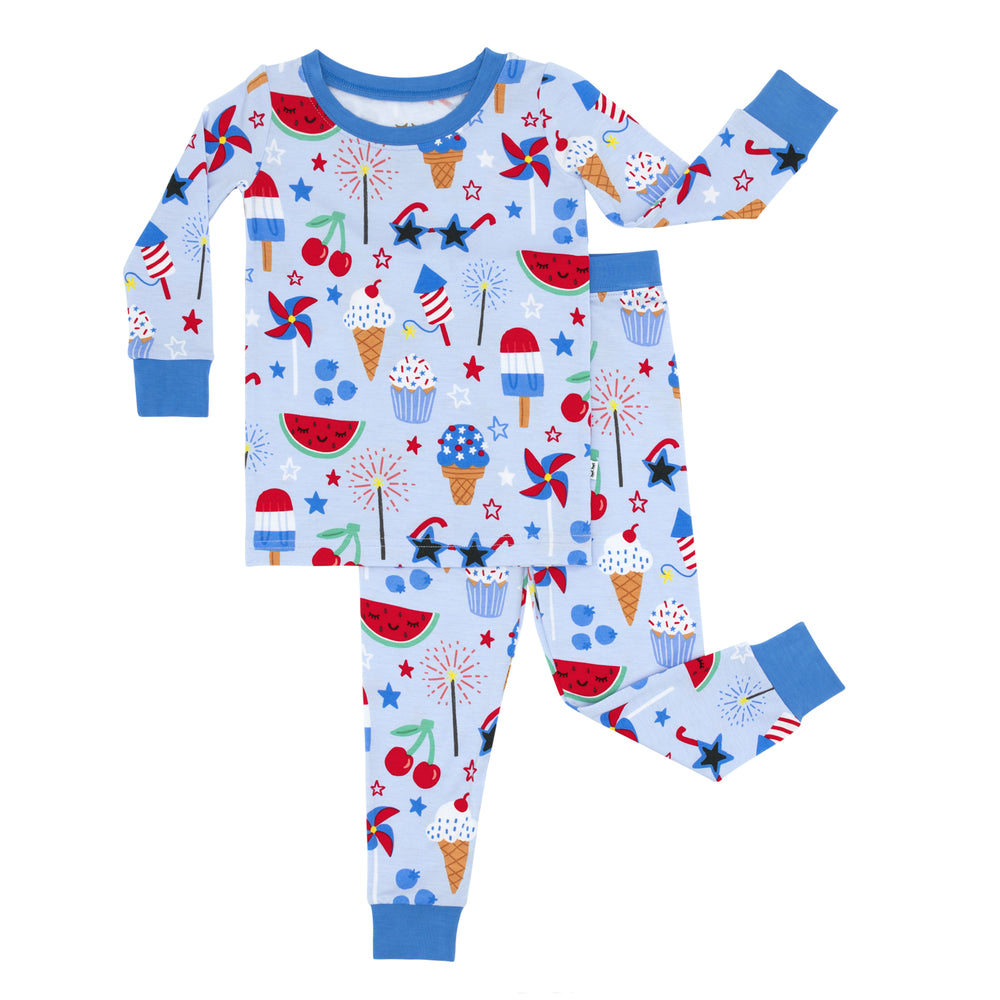 Flat lay image of a Stars, Stripes, and Sweets two piece pajama set