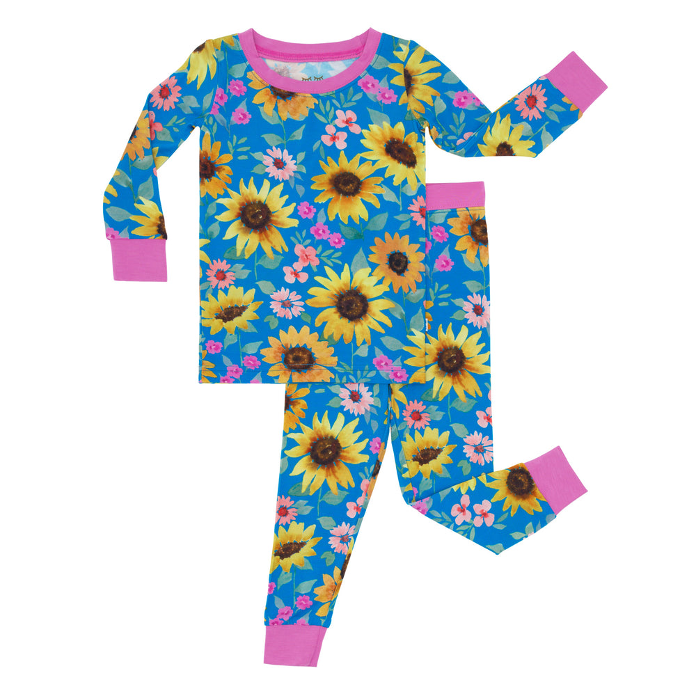 Flat lay image of the Sunflower Fields Two-Piece Pajama Set