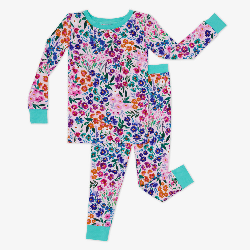 Flat lay image of a Sweet Pea Floral two piece pj set