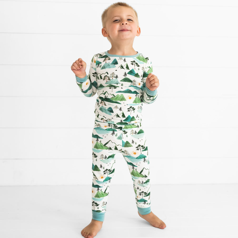 child dancing wearing a mountain mist two piece pajama set