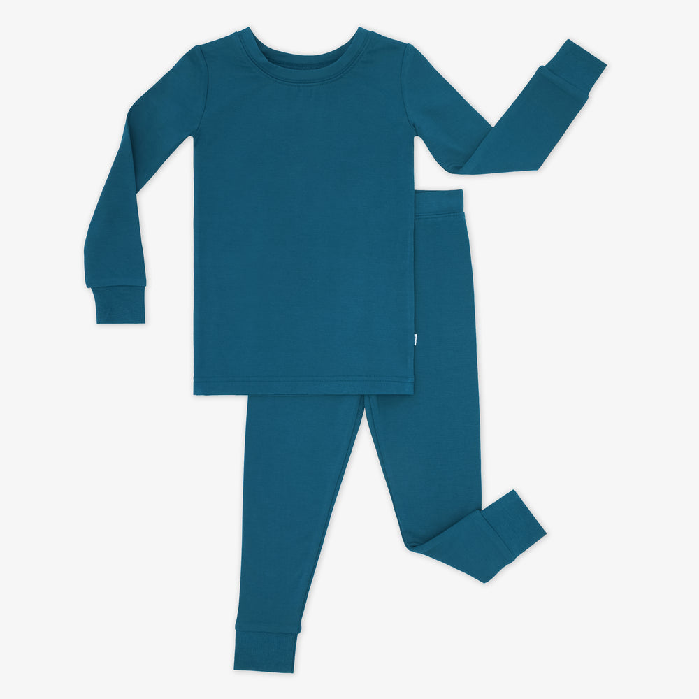 Flat lay image of a Cozy Twilight Teal two piece pj set