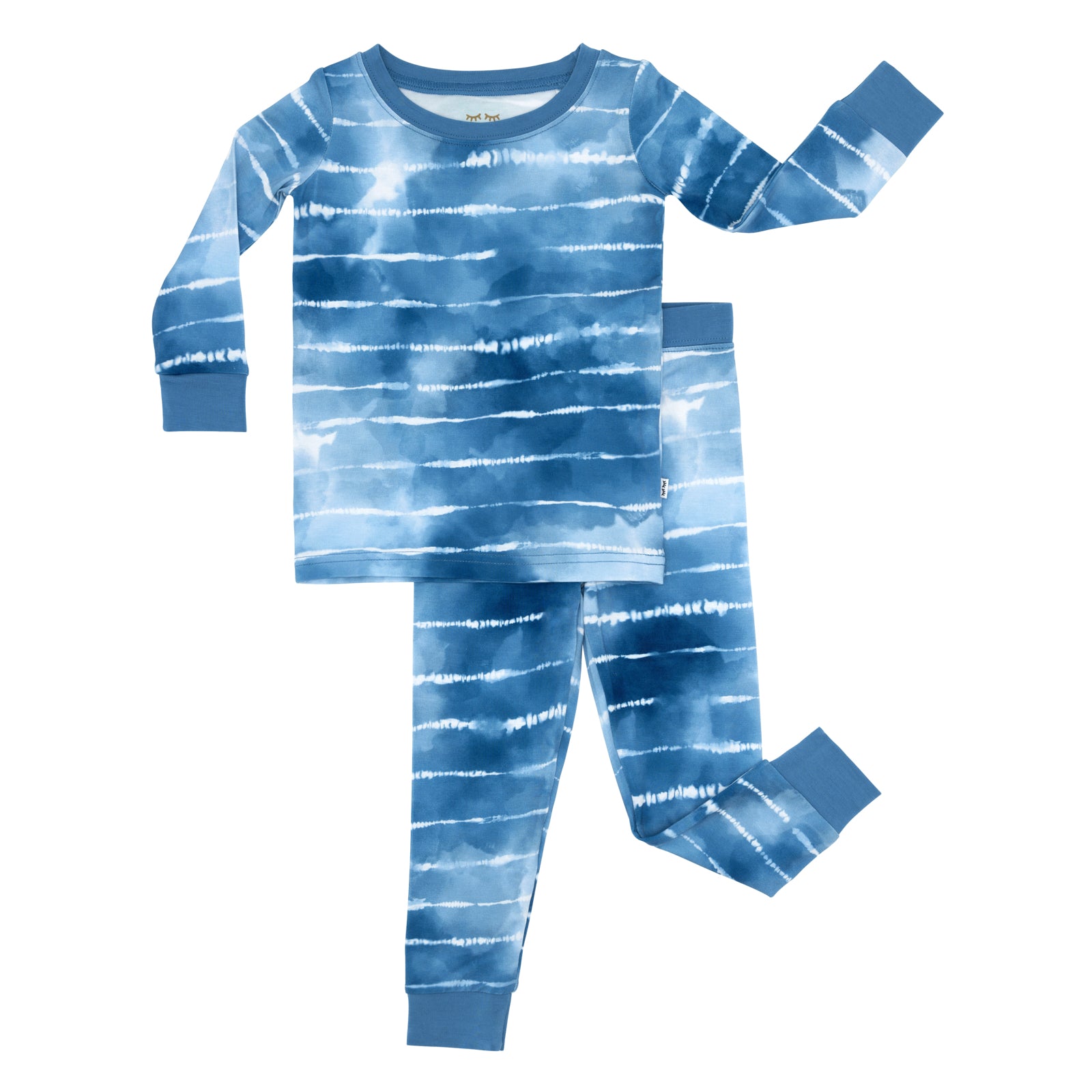 Flat lay image of a Blue Tie Dye Dreams two-piece pajama set