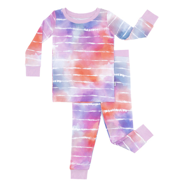 Flat lay image of a Pastel Tie Dye Dreams two-piece pajama set