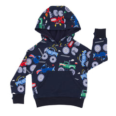 Flat lay image of a Monster Truck Madness pullover hoodie