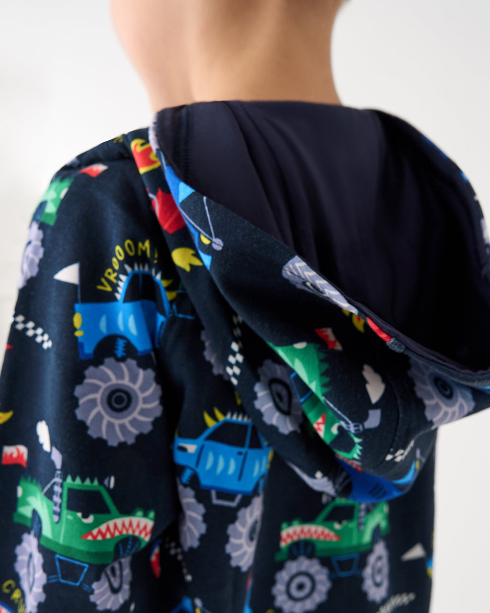 Close up of the hood detail on the Monster Truck Madness Pullover Hoodie