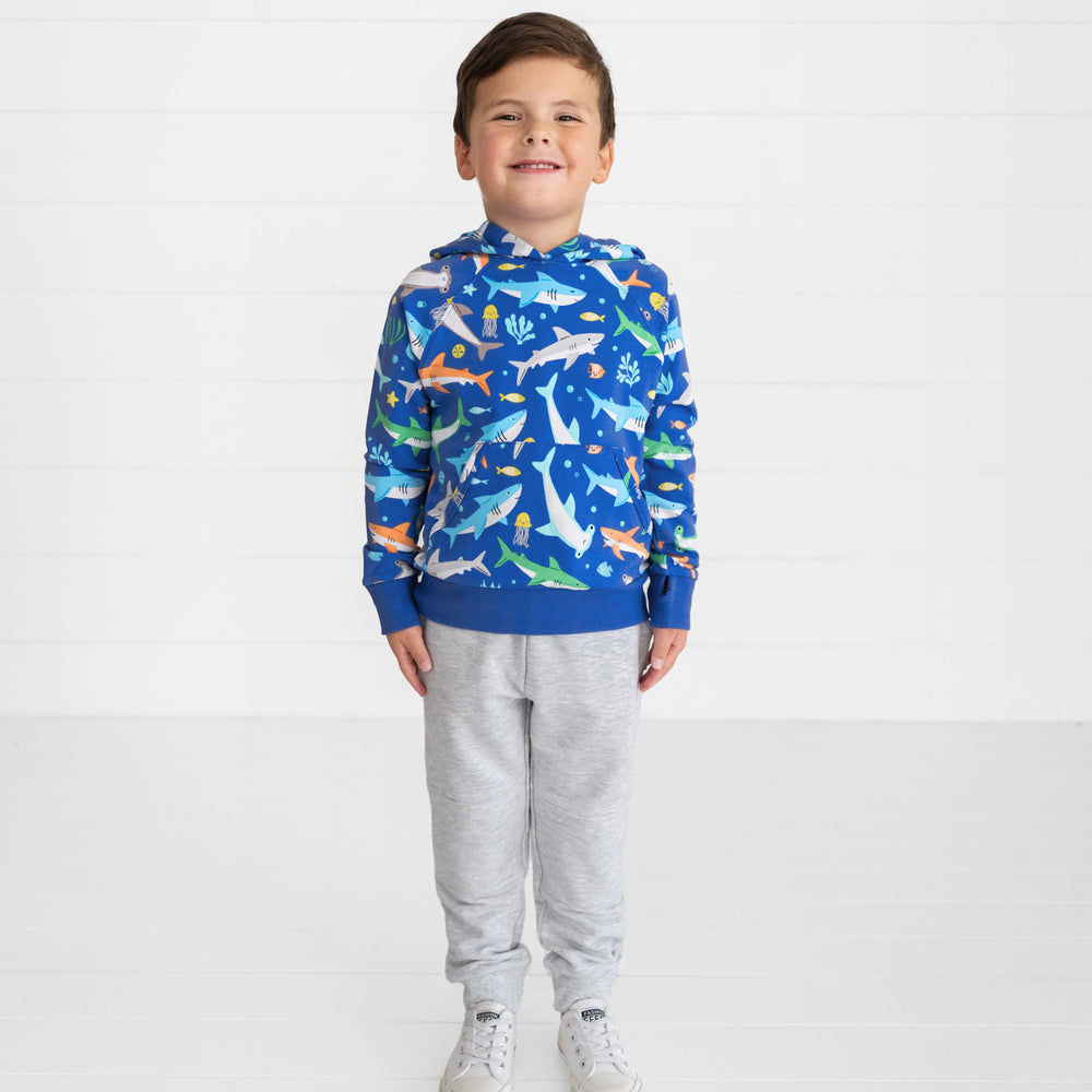 Smiling boy wearing the Rad Reef Pullover Hoodie and Light Heather Gray Play Jogger