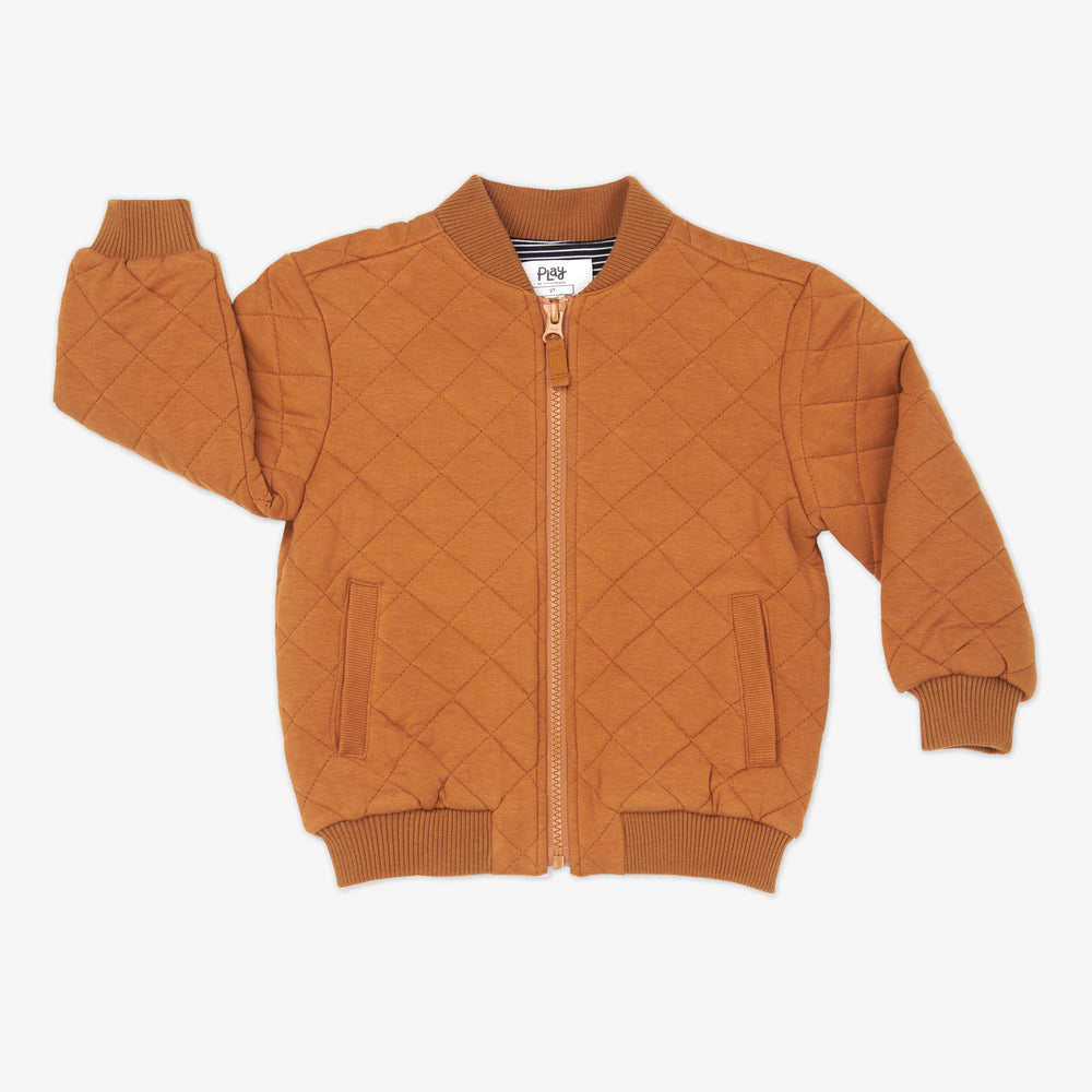 Flat lay of a Golden Brown quilted varsity jacket featuring two pockets and a chunky zipper