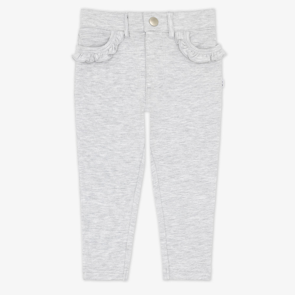 Flat lay of a Light Heather Gray Ruffle Heart Pocket Pants featuring ruffles along the front pockets