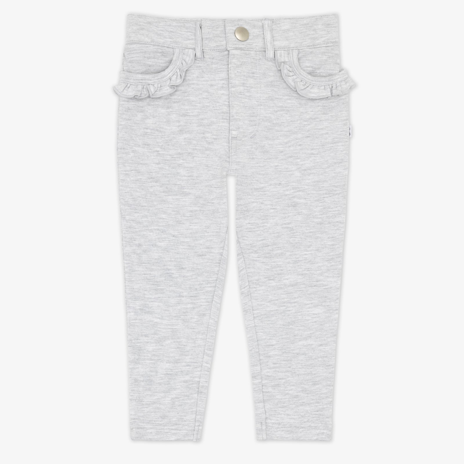 Flat lay of a Light Heather Gray Ruffle Heart Pocket Pants featuring ruffles along the front pockets