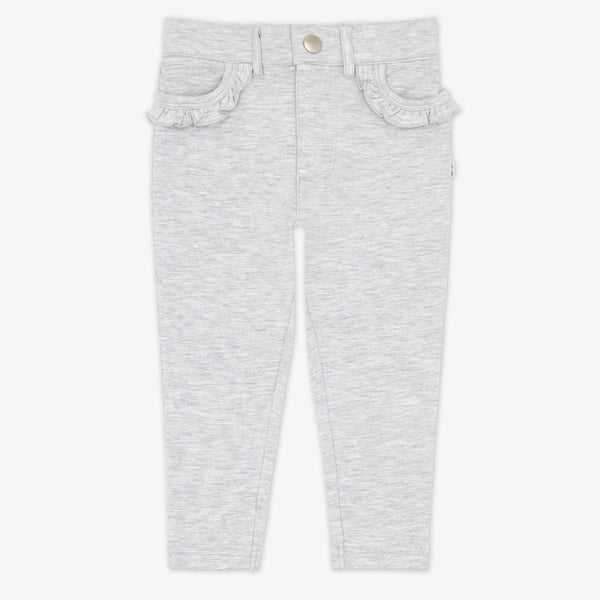 Flat lay of a Light Heather Gray Ruffle Heart Pocket Pants featuring ruffles along the front pockets