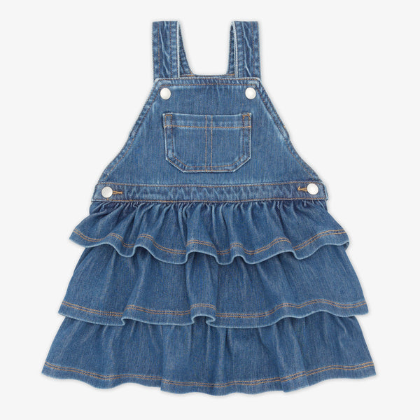 Flat lay of a Midwash Blue Denim Tiered Skirt Overall