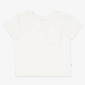Flat lay image of a Soft White short sleeve relaxed pocket tee
