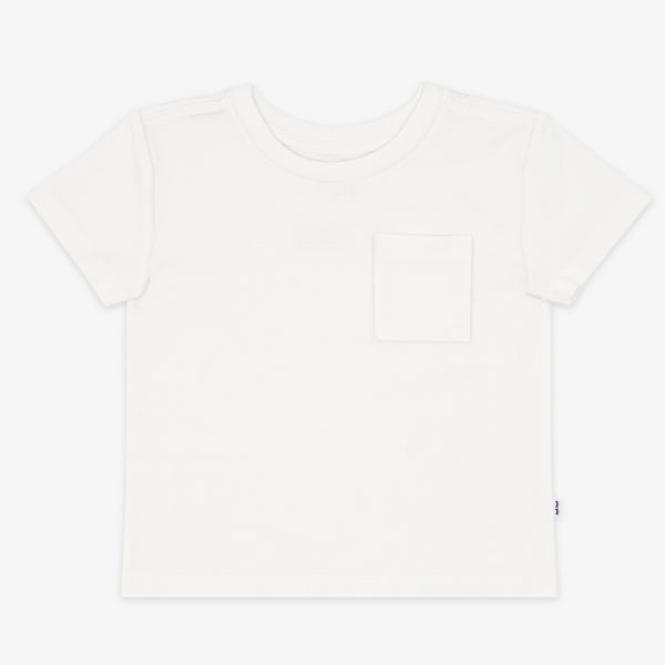 Flat lay image of a Soft White short sleeve relaxed pocket tee