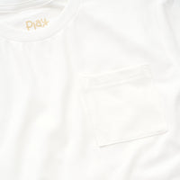 Close up detailed image of the pocket on a Soft White short Sleeve relaxed pocket tee