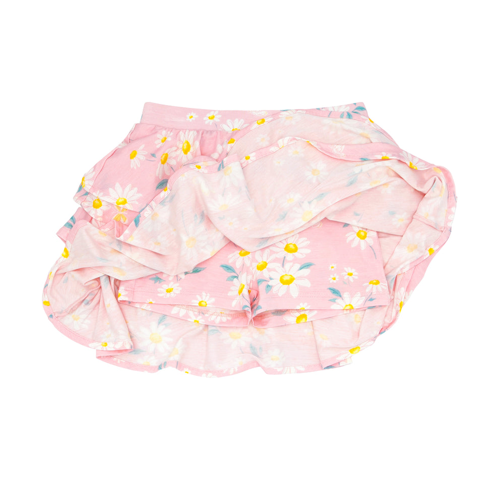 Click to see full screen - Alternate flat lay image of a Rosy Meadow ruffle skort detailing the hidden shorts