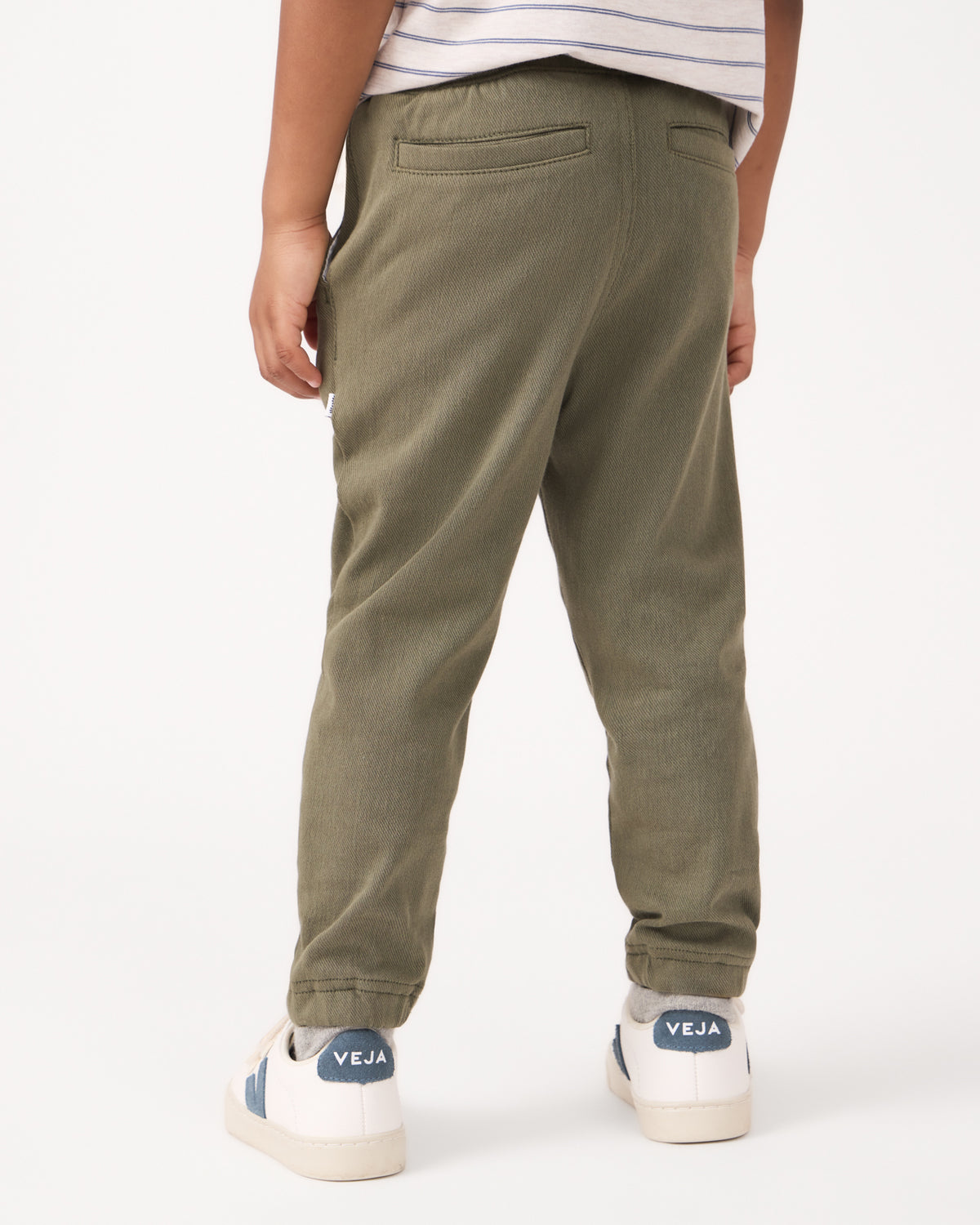Back view of child wearing the Olive Denim Jogger